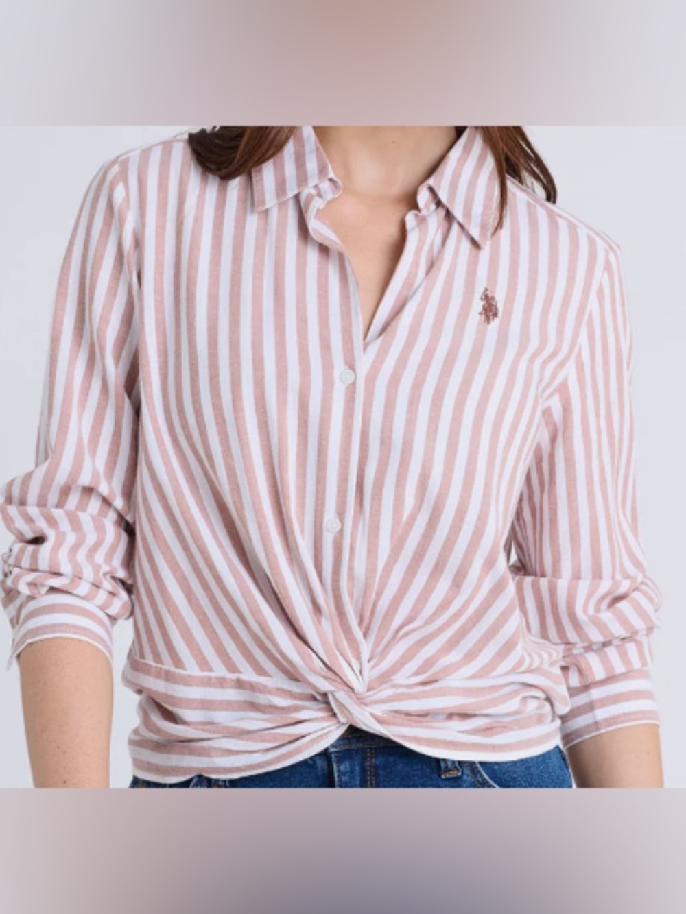 U.S. Polo Assn. Mocha and White Striped Twist-Front Button Down: Size S